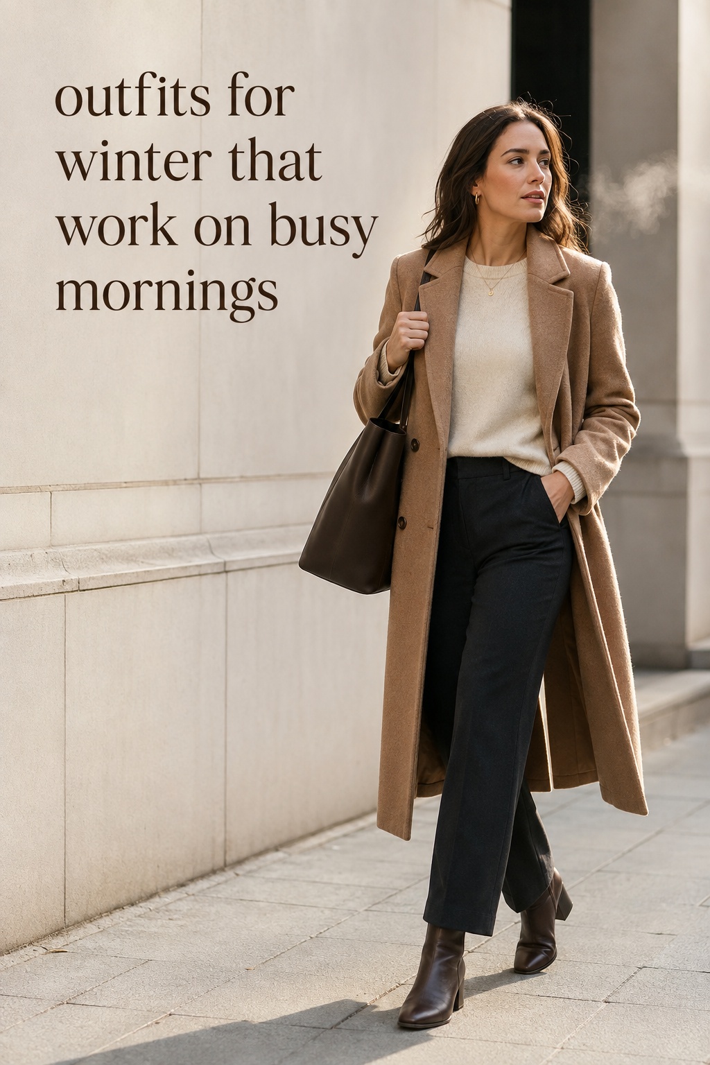 outfits for winter camel coat and trousers for a busy city morning