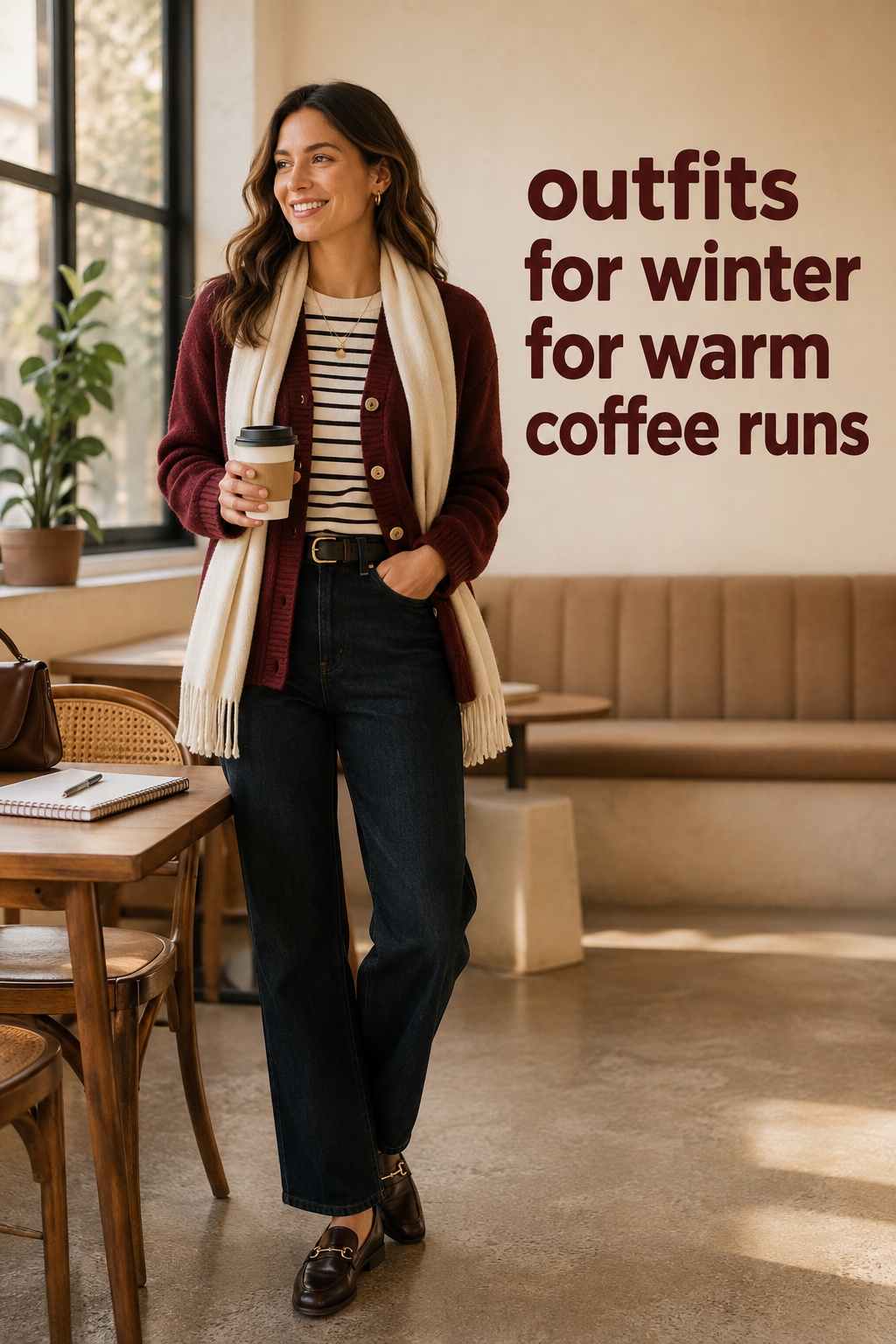 outfits for winter burgundy cardigan and scarf look for a coffee run