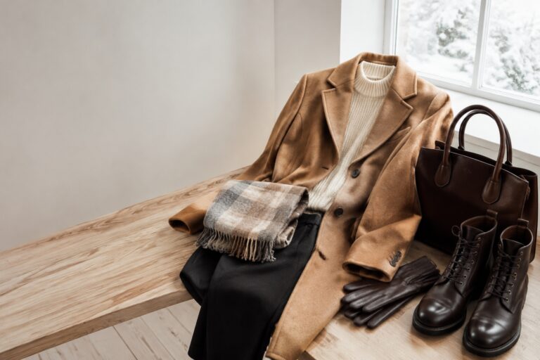 outfits for winter capsule with camel coat sweater scarf boots and bag