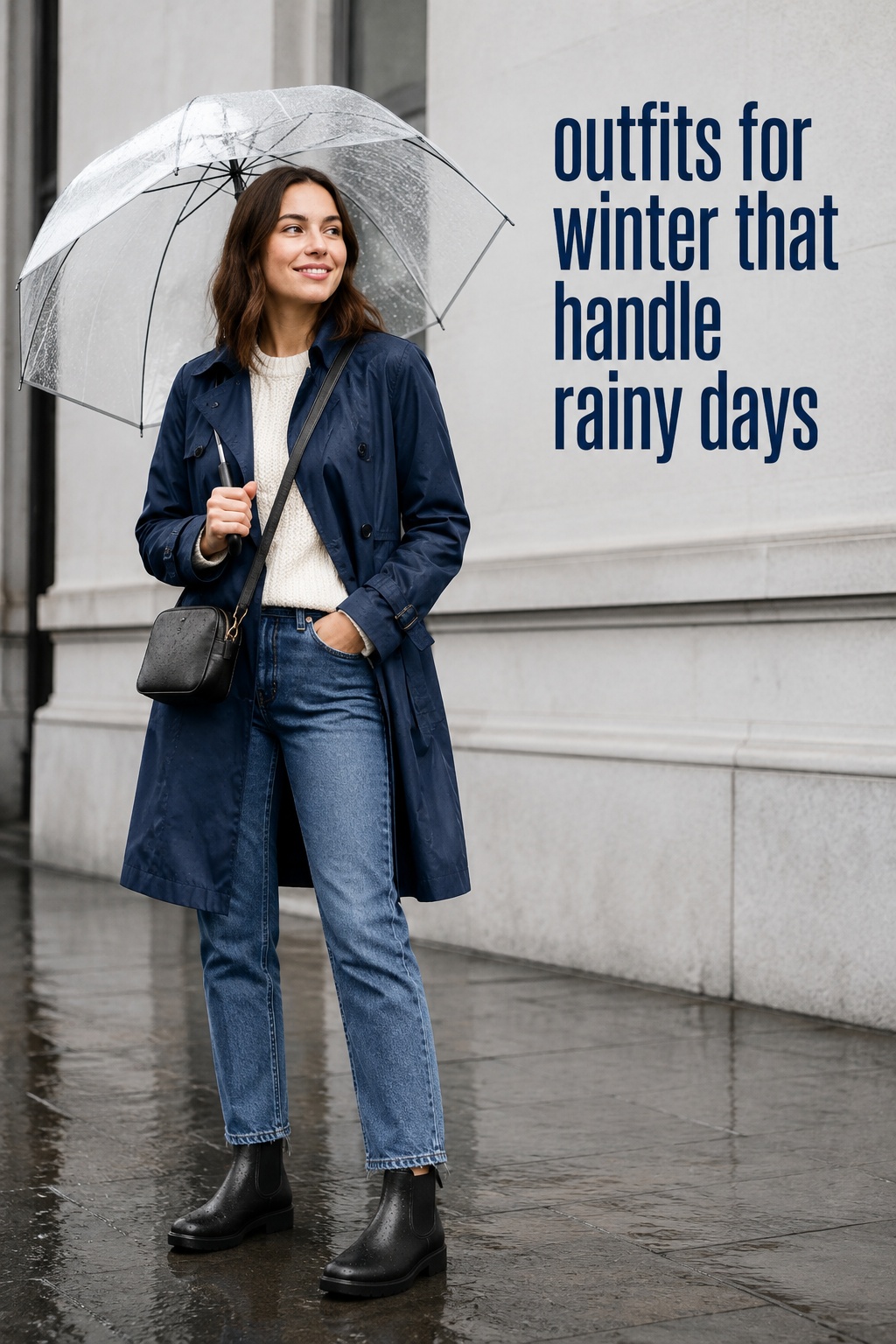 outfits for winter navy trench coat and boots for rainy days