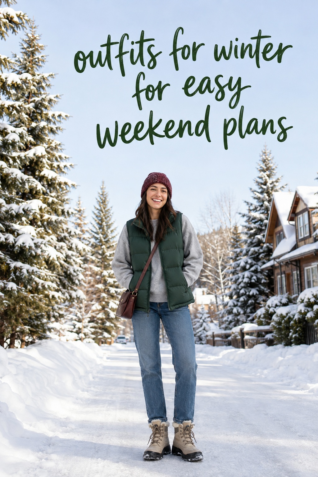 outfits for winter green puffer vest and jeans for weekend plans