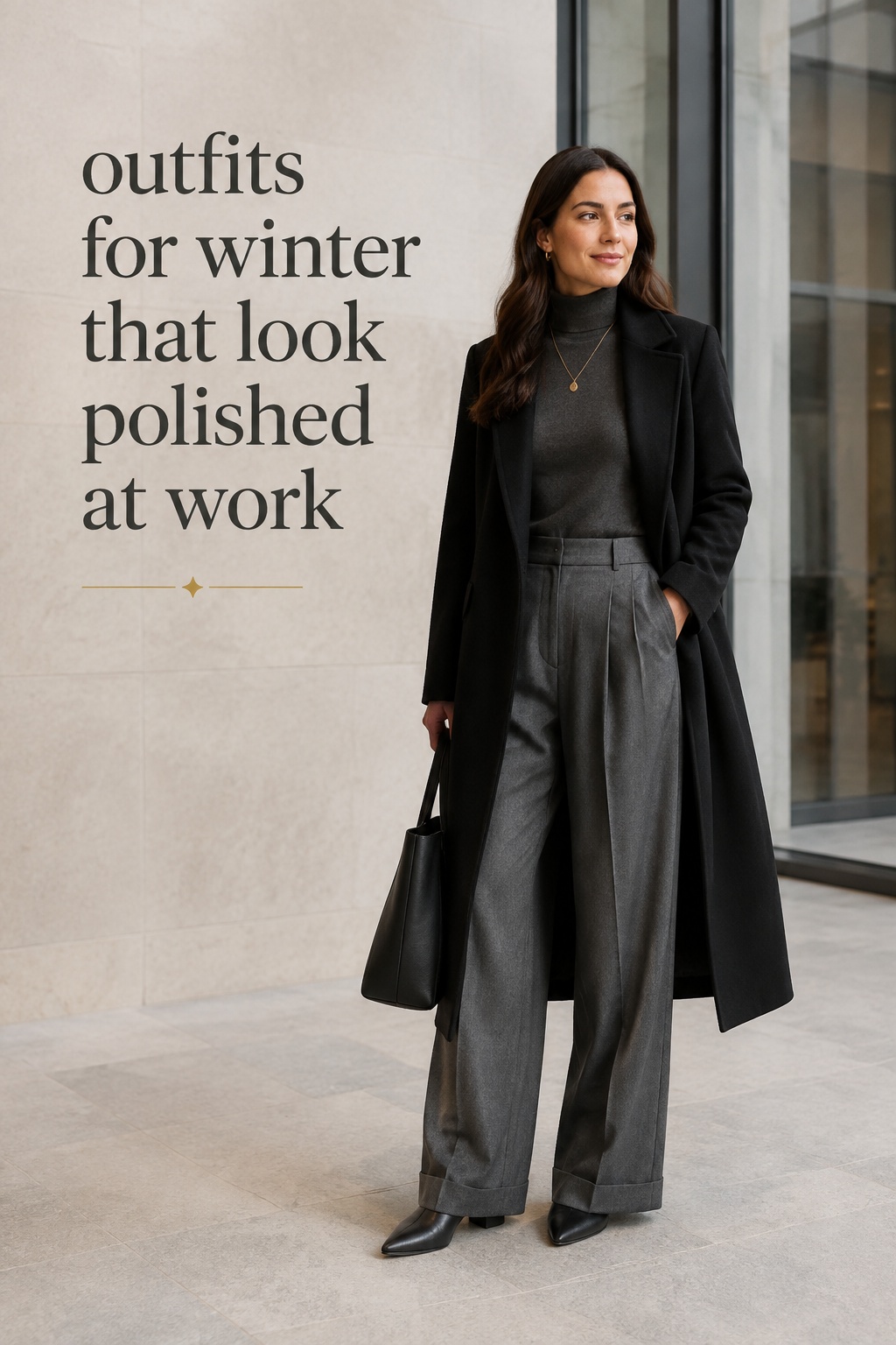outfits for winter charcoal mock-neck and tailored trousers for work