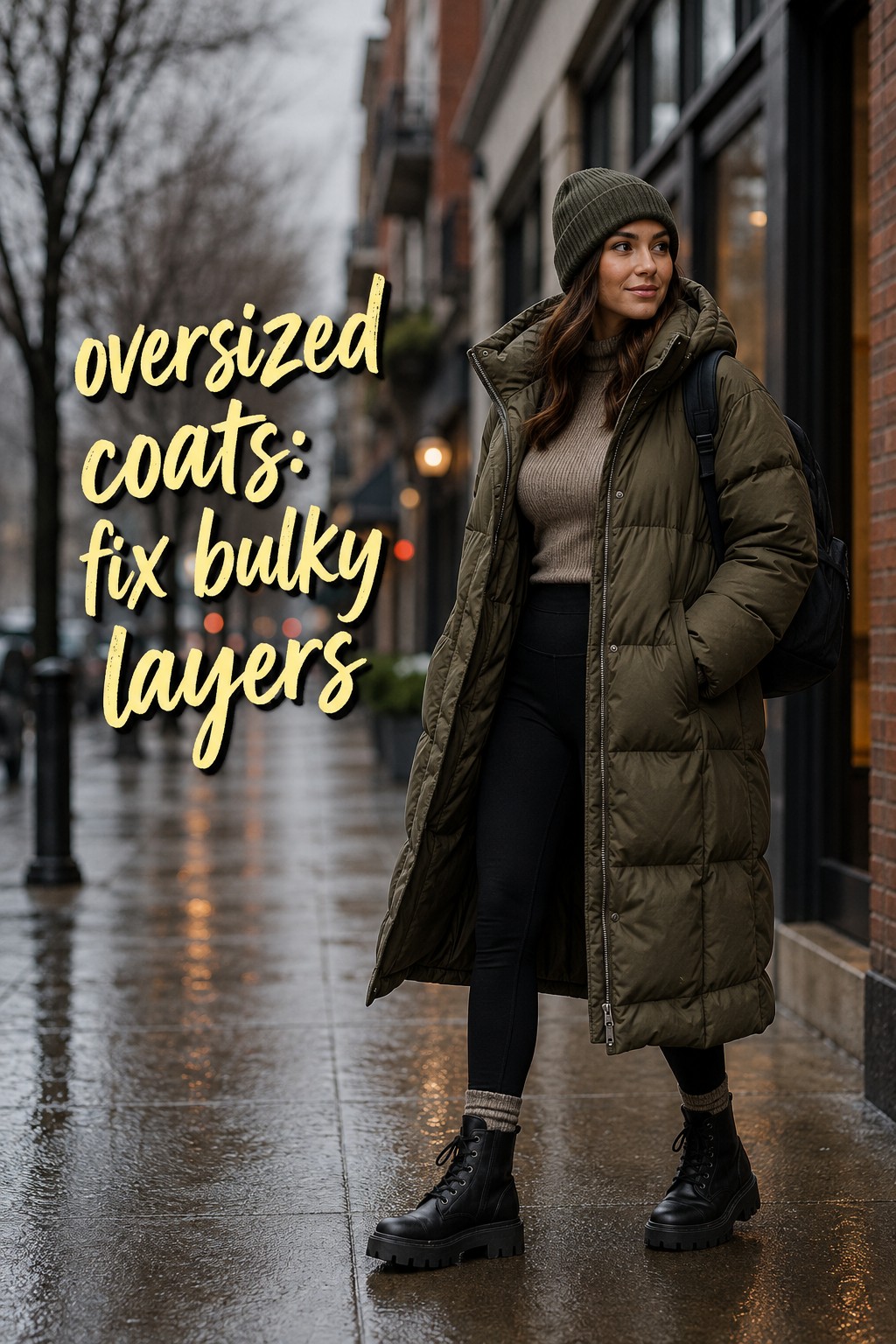 oversized coats with olive puffer, fitted knit, ponte leggings, lug boots, and backpack