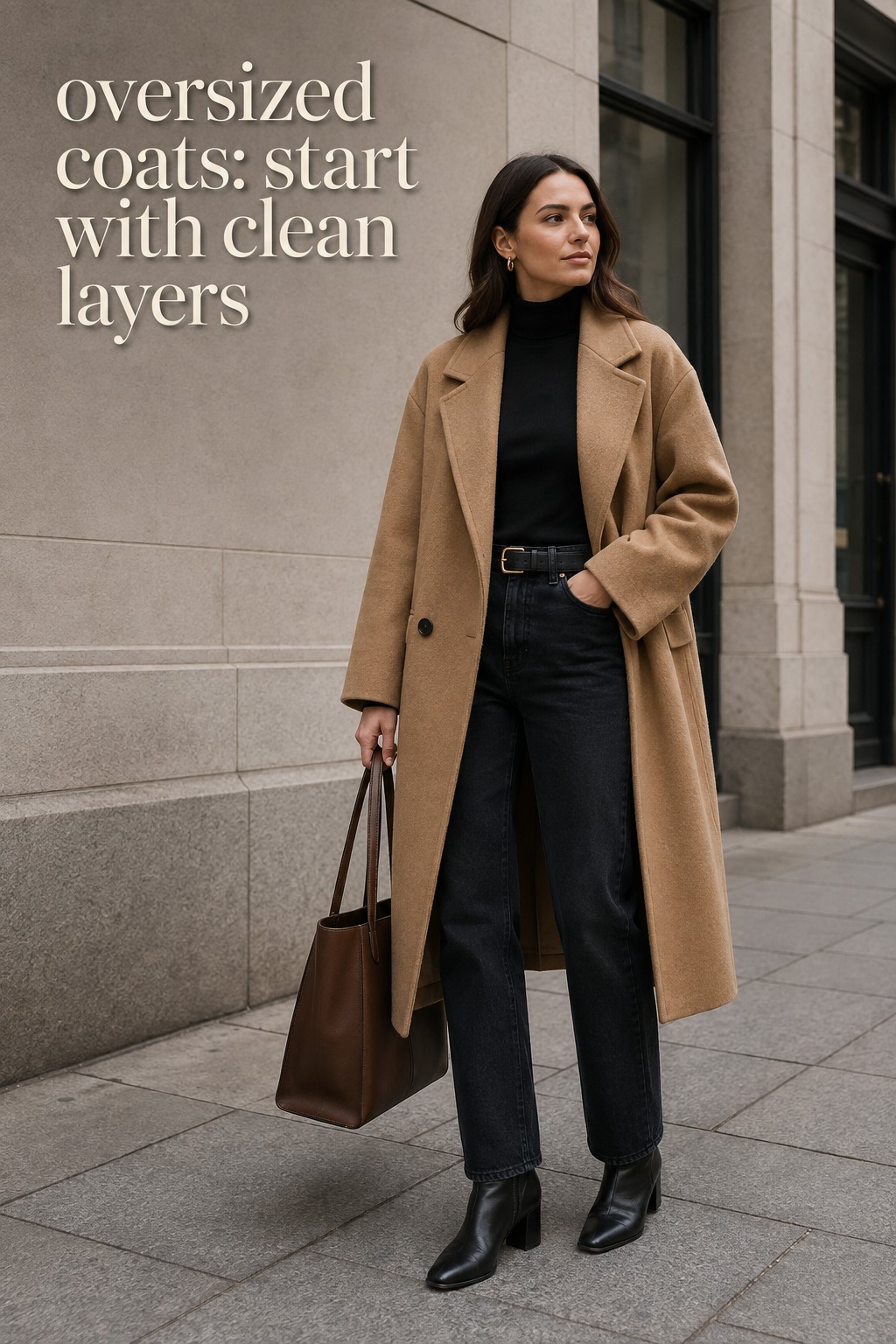 oversized coats with camel wool coat, black mock-neck, dark jeans, boots, and brown tote