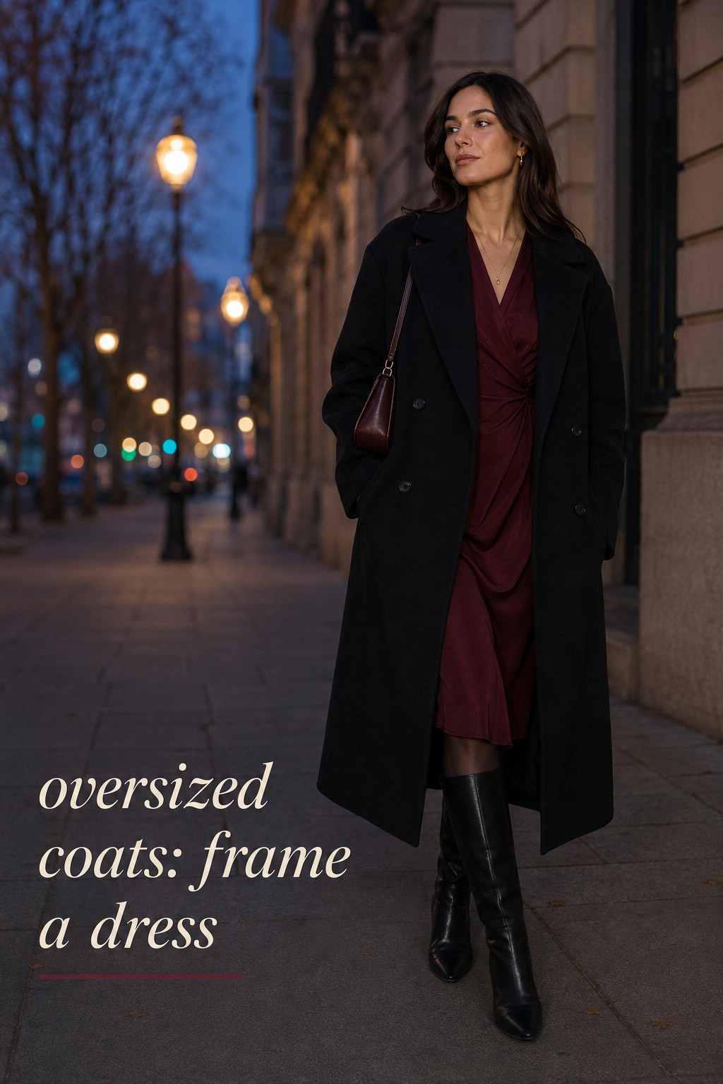 oversized coats with black coat, burgundy midi dress, tights, boots, and shoulder bag