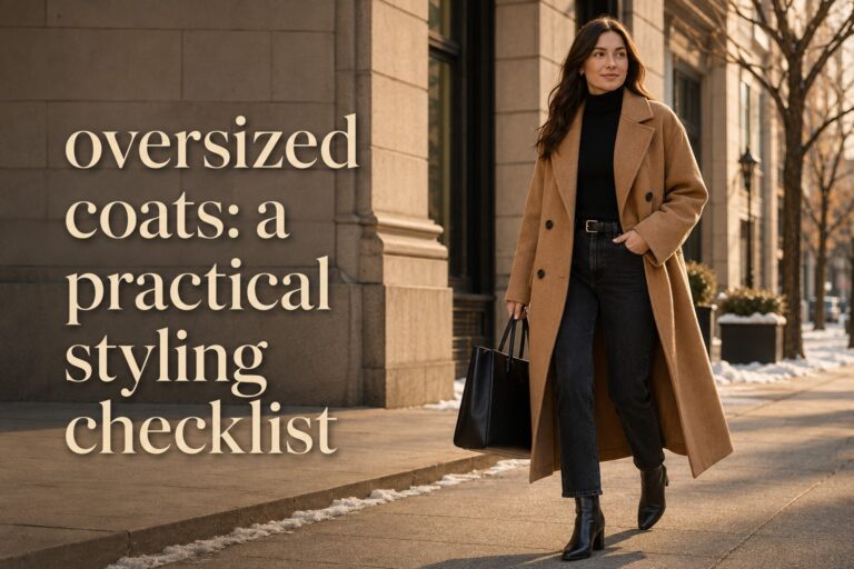 oversized coats practical styling checklist with camel wool coat, black turtleneck, jeans, and boots