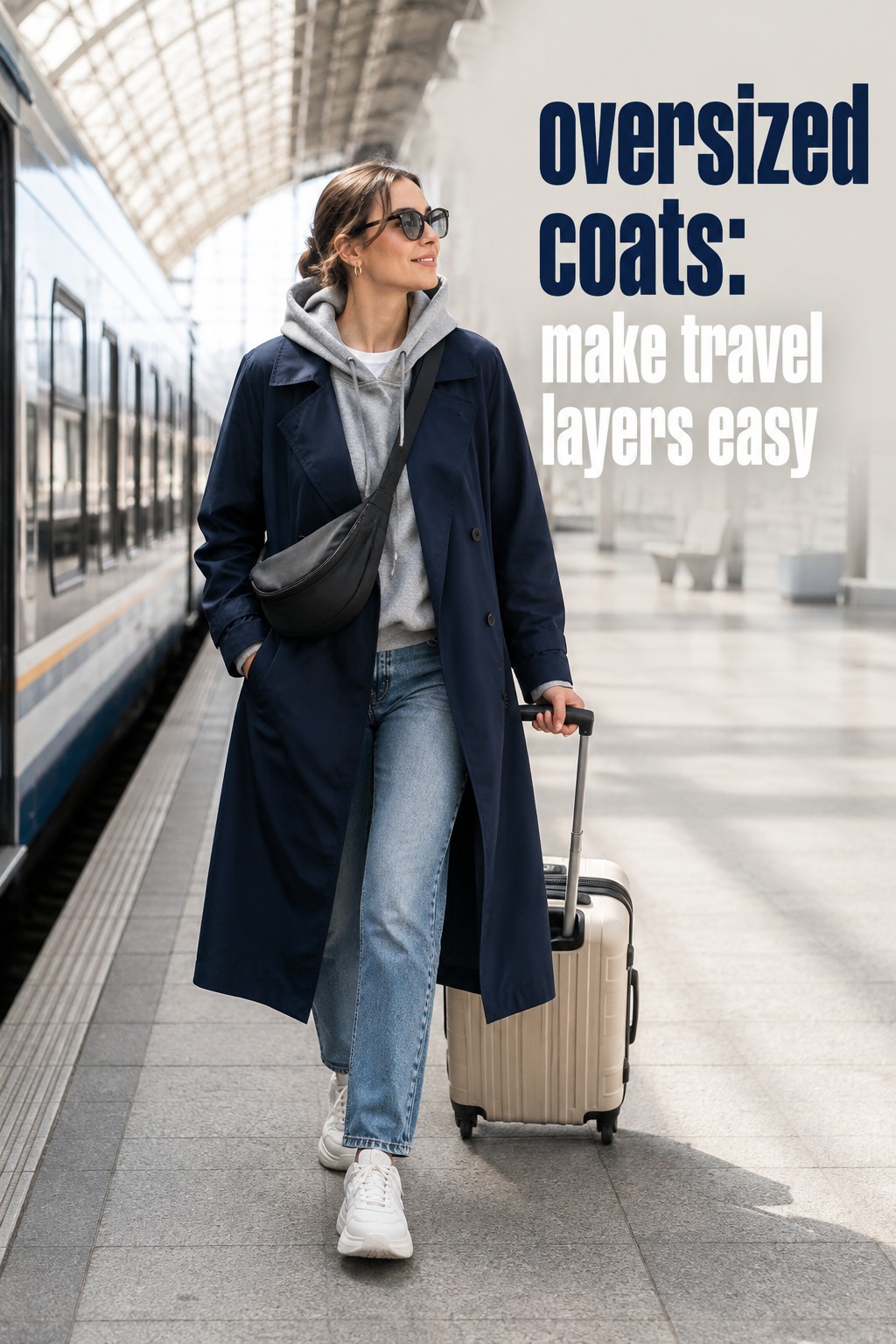 oversized coats with navy trench, gray hoodie, straight jeans, sneakers, and crossbody bag