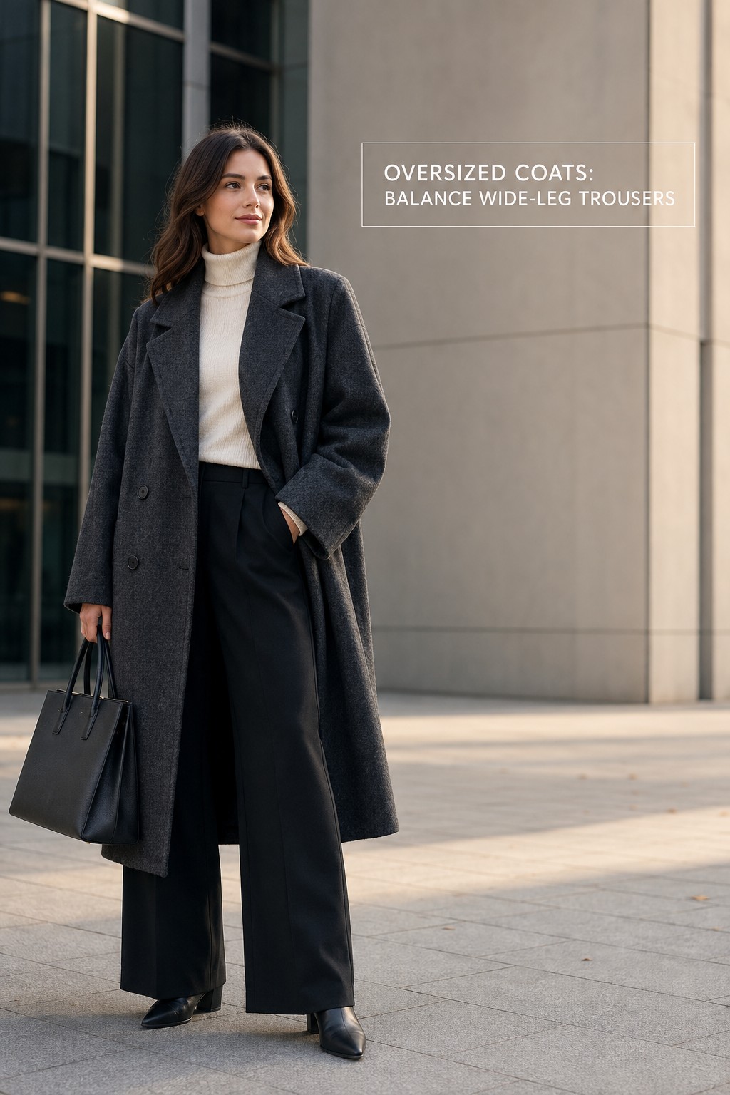 oversized coats with charcoal wool coat, cream turtleneck, wide-leg trousers, boots, and tote
