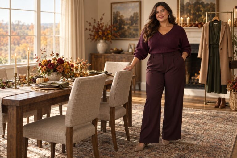 Plus size Thanksgiving outfit with plum knit and soft tailored trousers beside a festive table