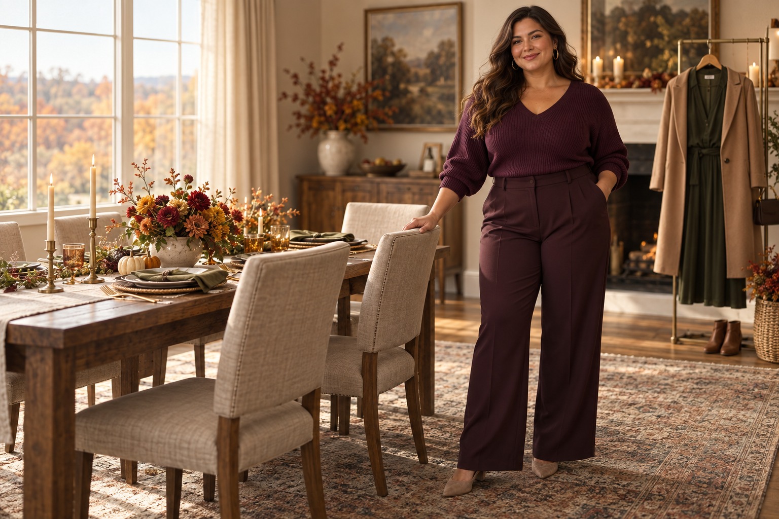 Plus size Thanksgiving outfit with plum knit and soft tailored trousers beside a festive table