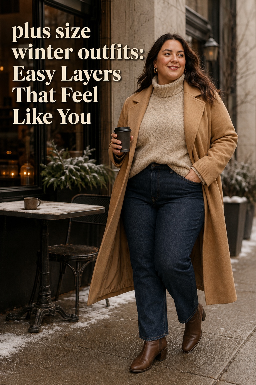 plus size winter outfits with a camel coat, oatmeal sweater, dark jeans, and ankle boots