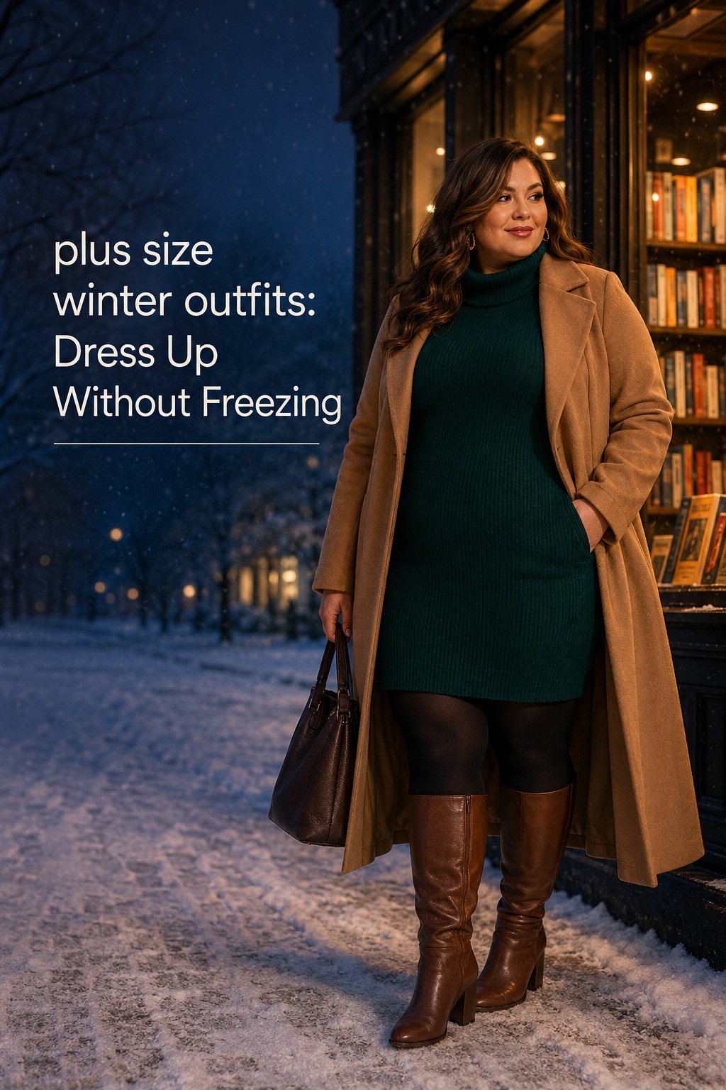 plus size winter outfits with an emerald sweater dress, tights, boots, and camel coat