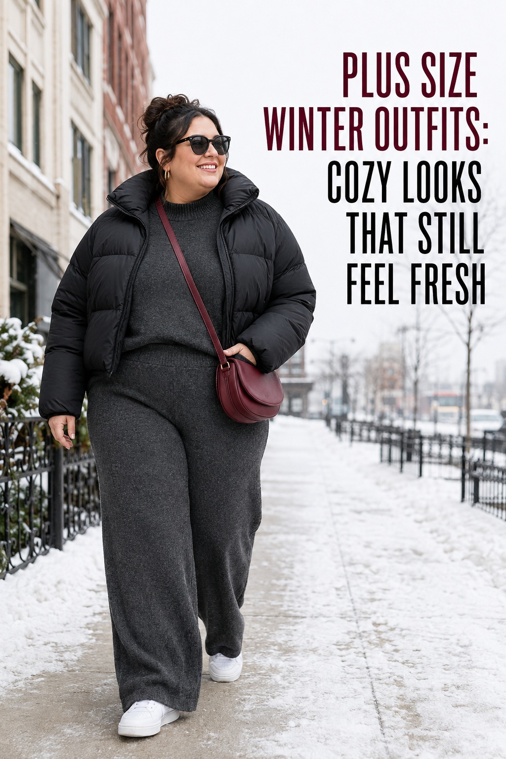plus size winter outfits with a charcoal knit set, black puffer, sneakers, and burgundy bag
