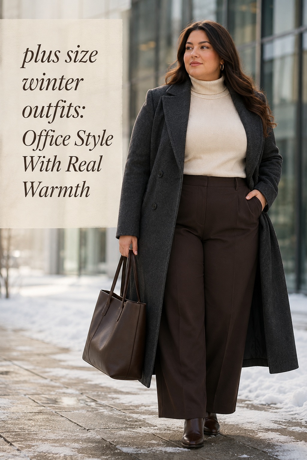 plus size winter outfits for work with a cream turtleneck, trousers, coat, and tote