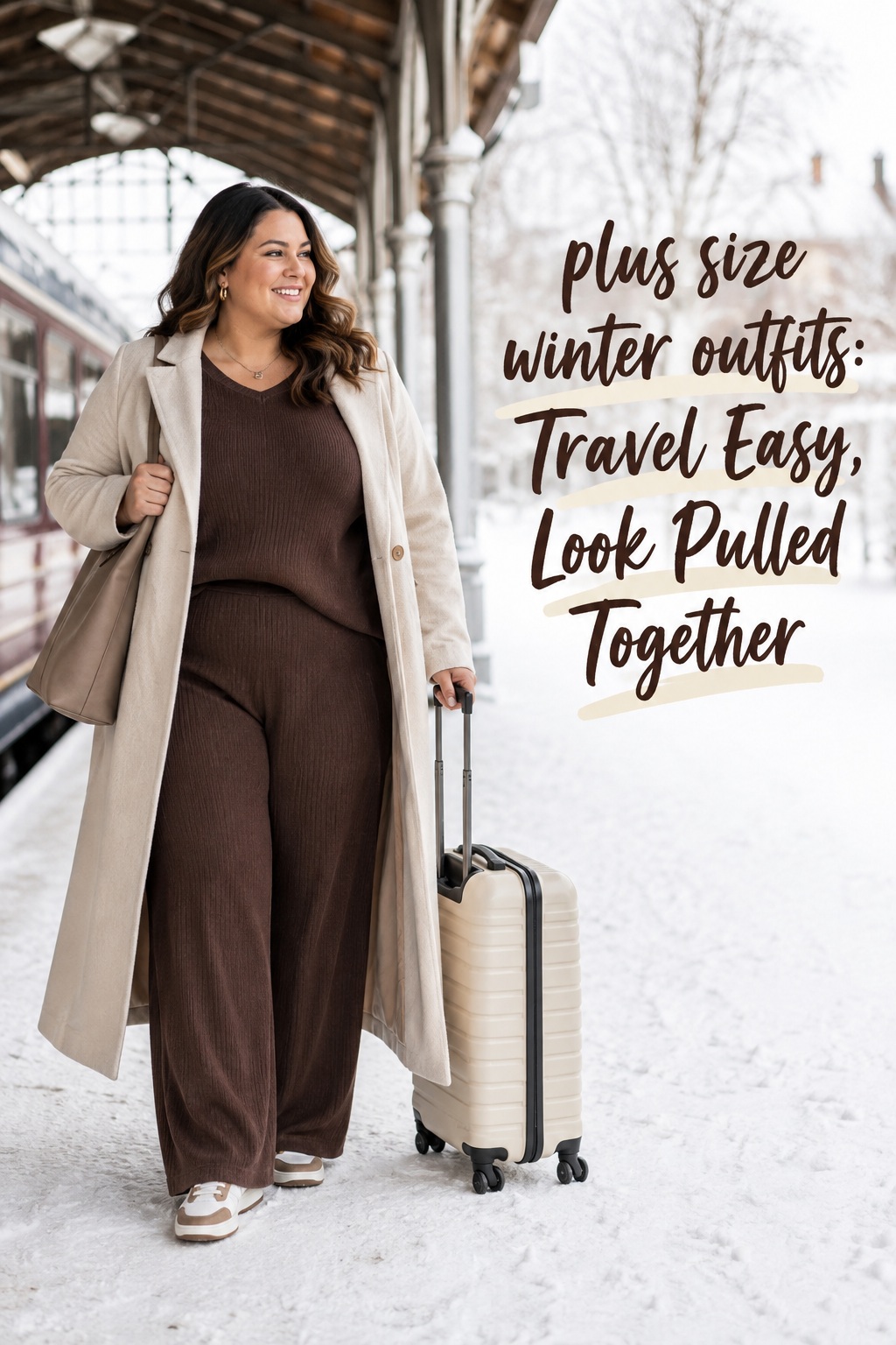 plus size winter outfits for travel with a brown knit set, cream coat, sneakers, and suitcase