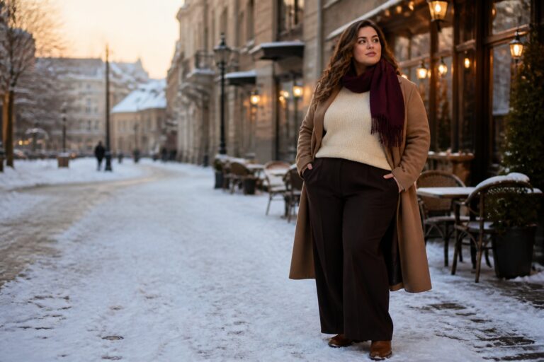 plus size winter outfits with a cream sweater, camel coat, burgundy scarf, and wide-leg trousers