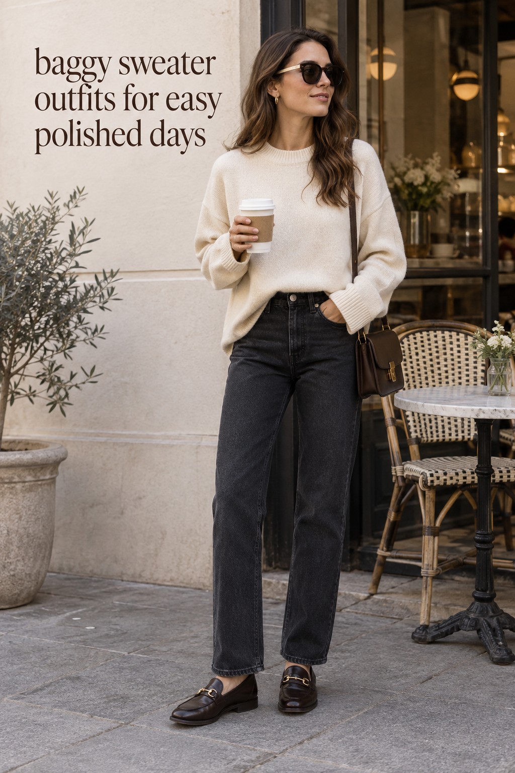baggy sweater outfits with cream knit, straight jeans, and loafers outside a cafe