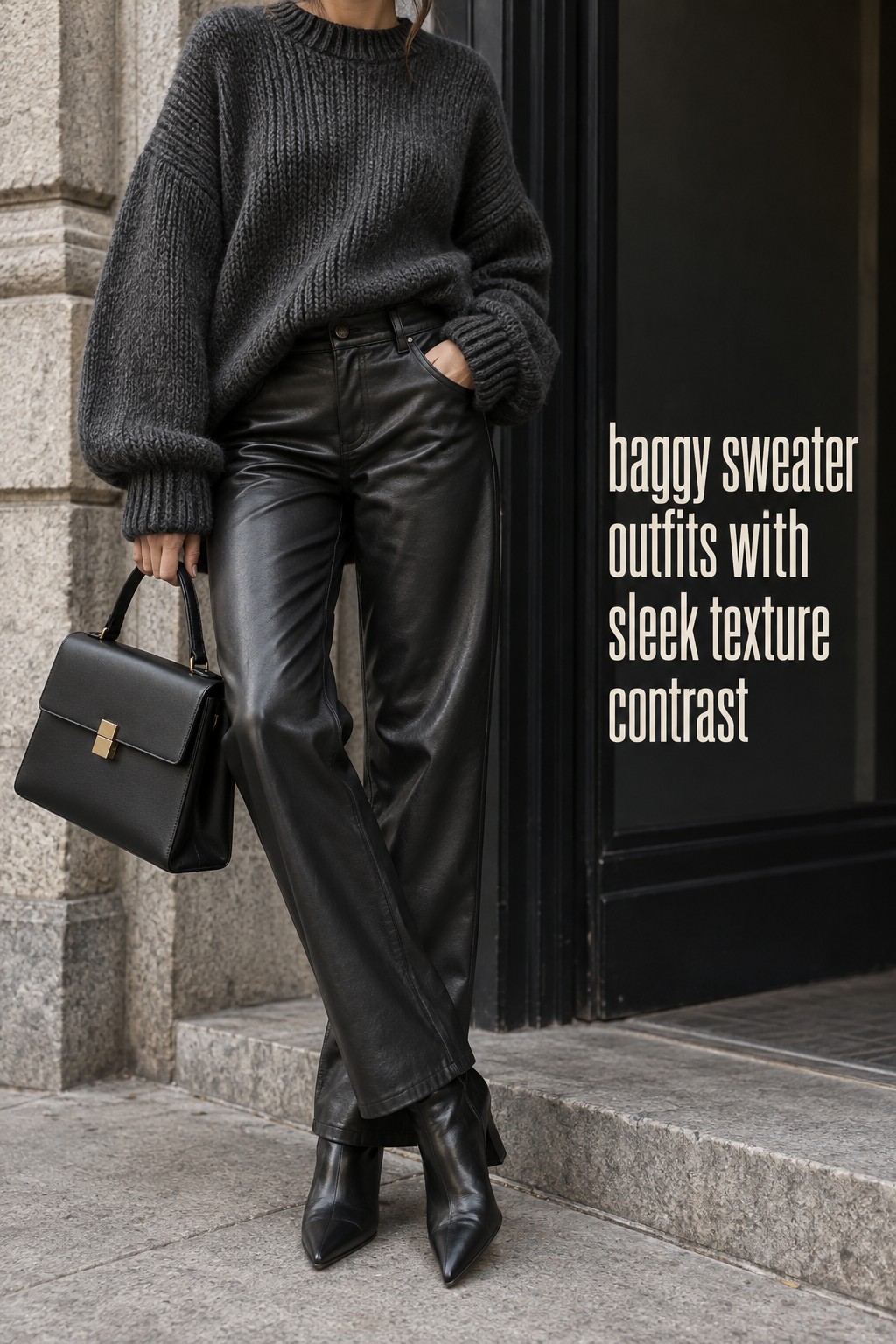 baggy sweater outfits with charcoal knit, sleek trousers, pointed boots, and handbag