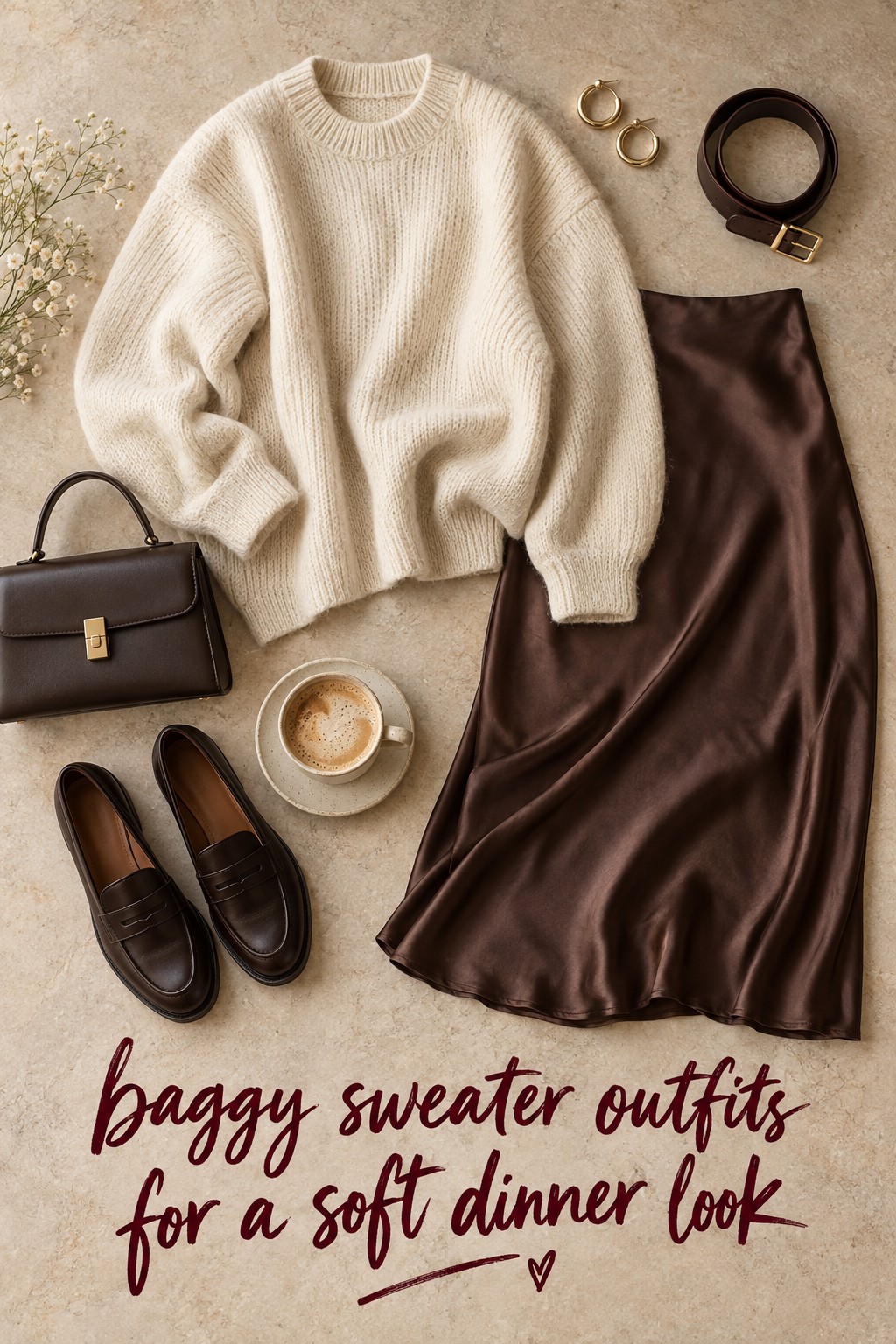 baggy sweater outfits flat lay with cream knit, satin skirt, loafers, belt, and bag