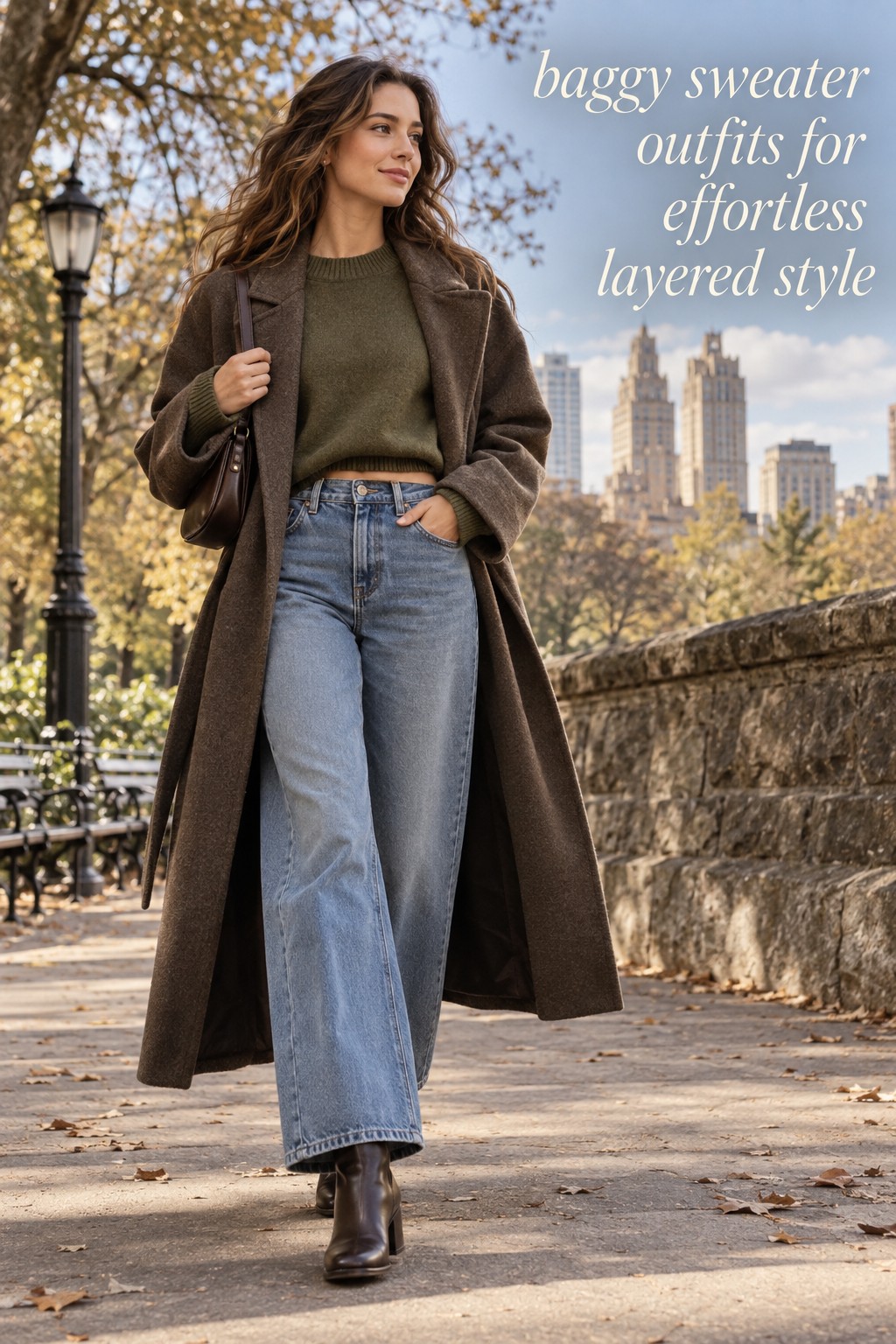 baggy sweater outfits with olive knit, wide-leg jeans, wool coat, boots, and shoulder bag