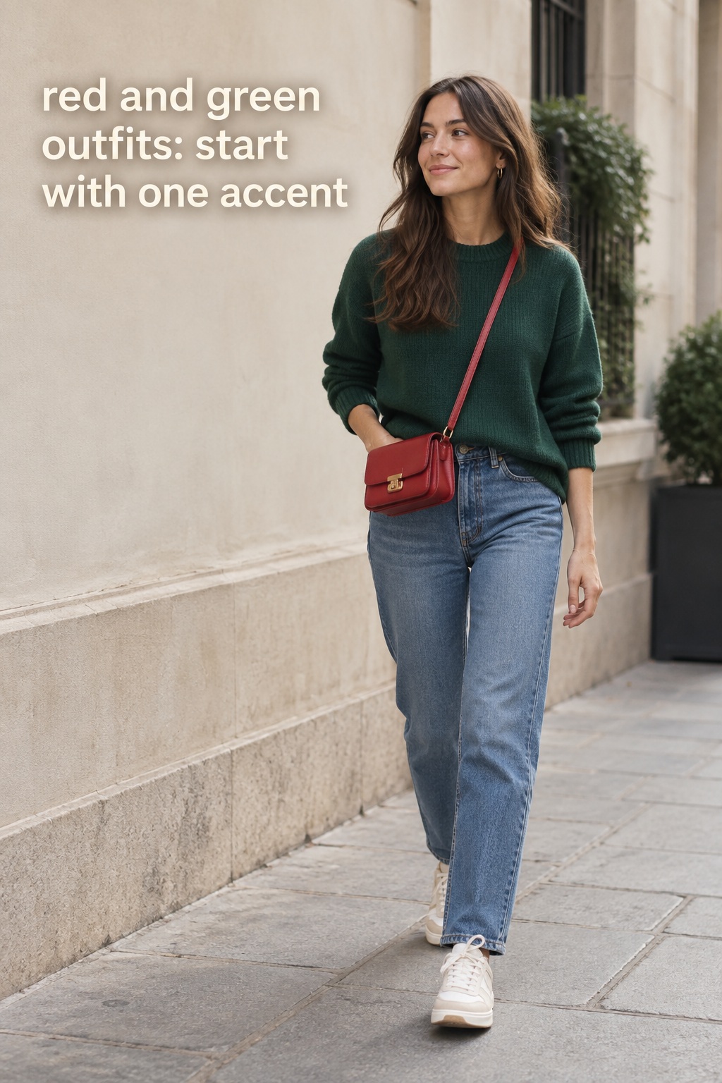 Red and green outfits with a forest sweater, jeans, cream sneakers, and red crossbody bag