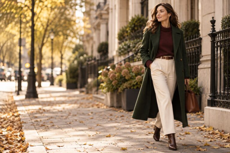 Red and green outfits with a deep green coat, burgundy sweater, cream trousers, and brown boots