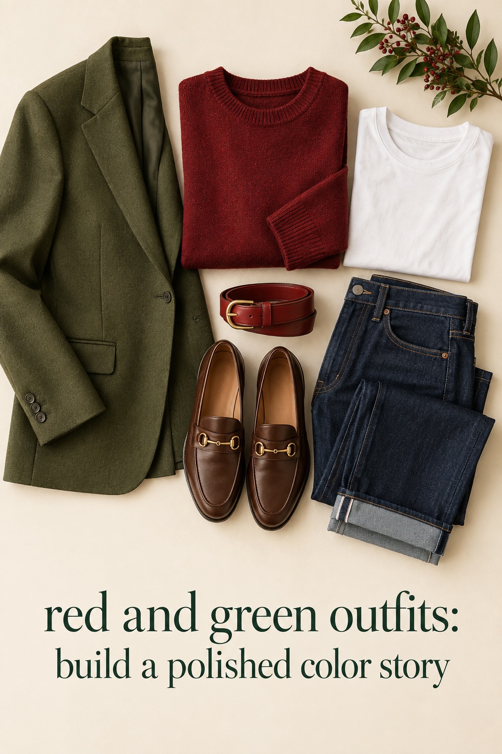 Red and green outfits flat lay with olive blazer, burgundy knit, denim, belt, and loafers