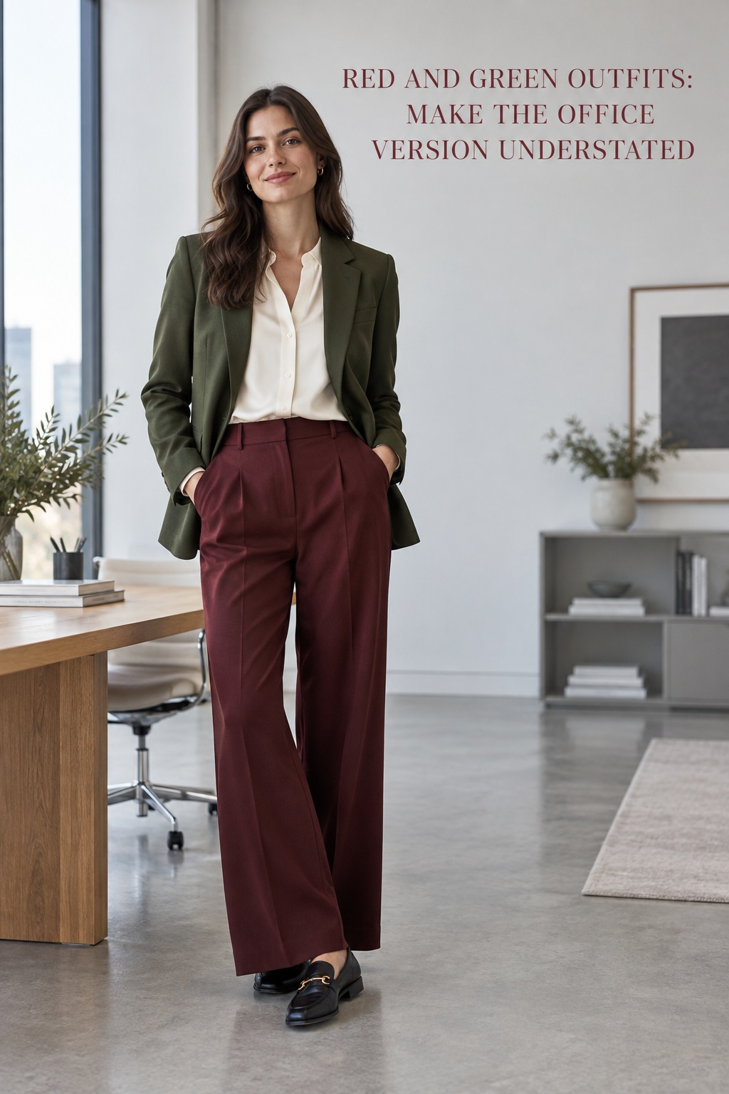 Red and green outfits for work with an olive blazer, cream blouse, burgundy trousers, and loafers
