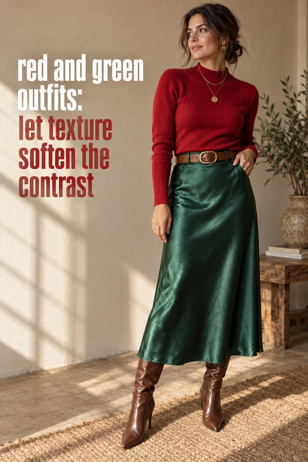 Red and green outfits with a tomato red knit, emerald satin skirt, leather belt, and brown boots