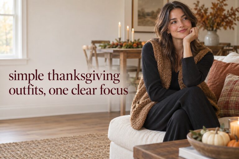 simple thanksgiving outfits with one dark outfit and a textured vest as the clear focus
