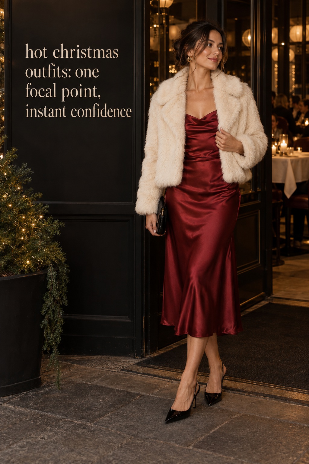 hot christmas outfits cranberry satin dress with faux fur jacket