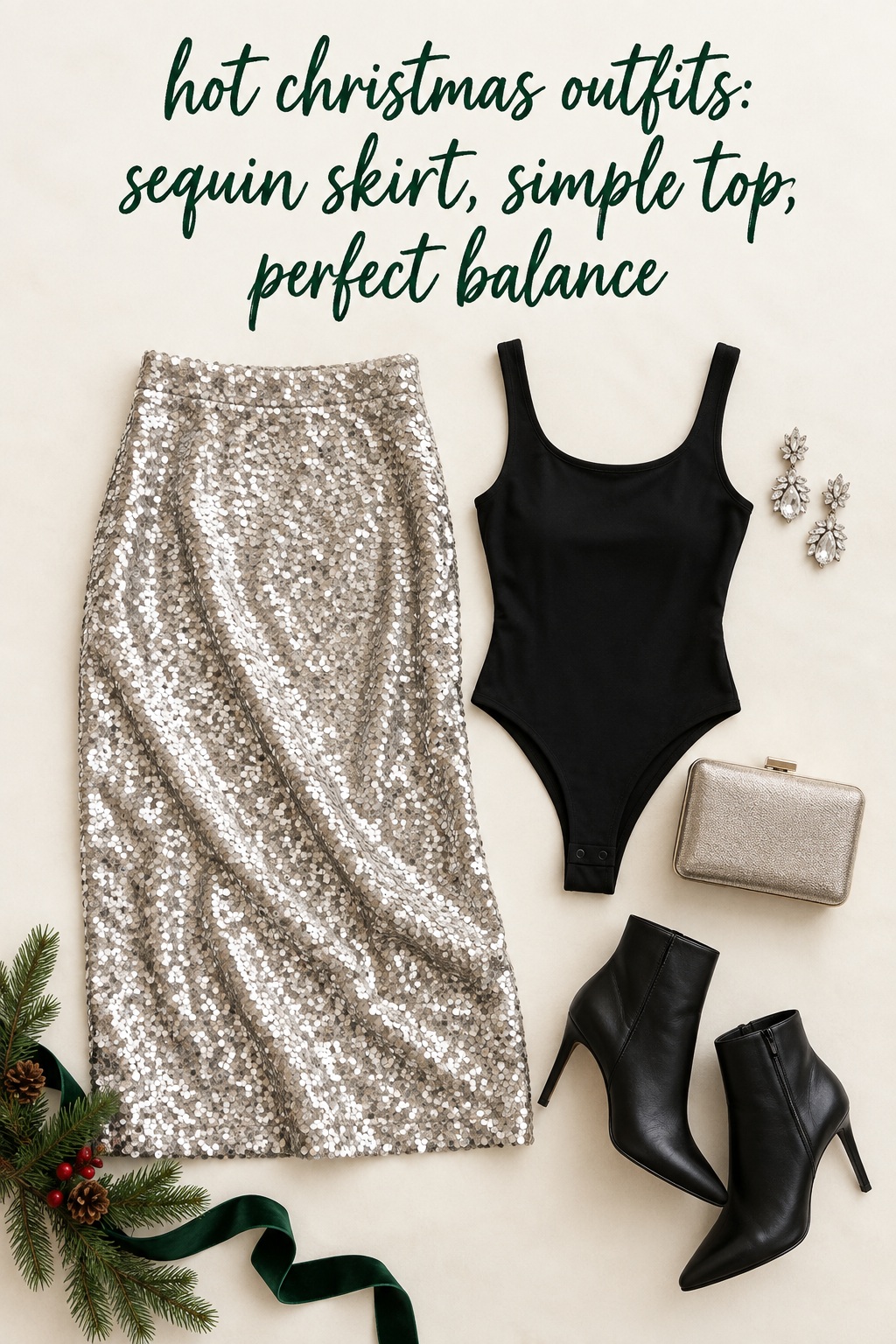 hot christmas outfits sequin skirt black bodysuit flat lay