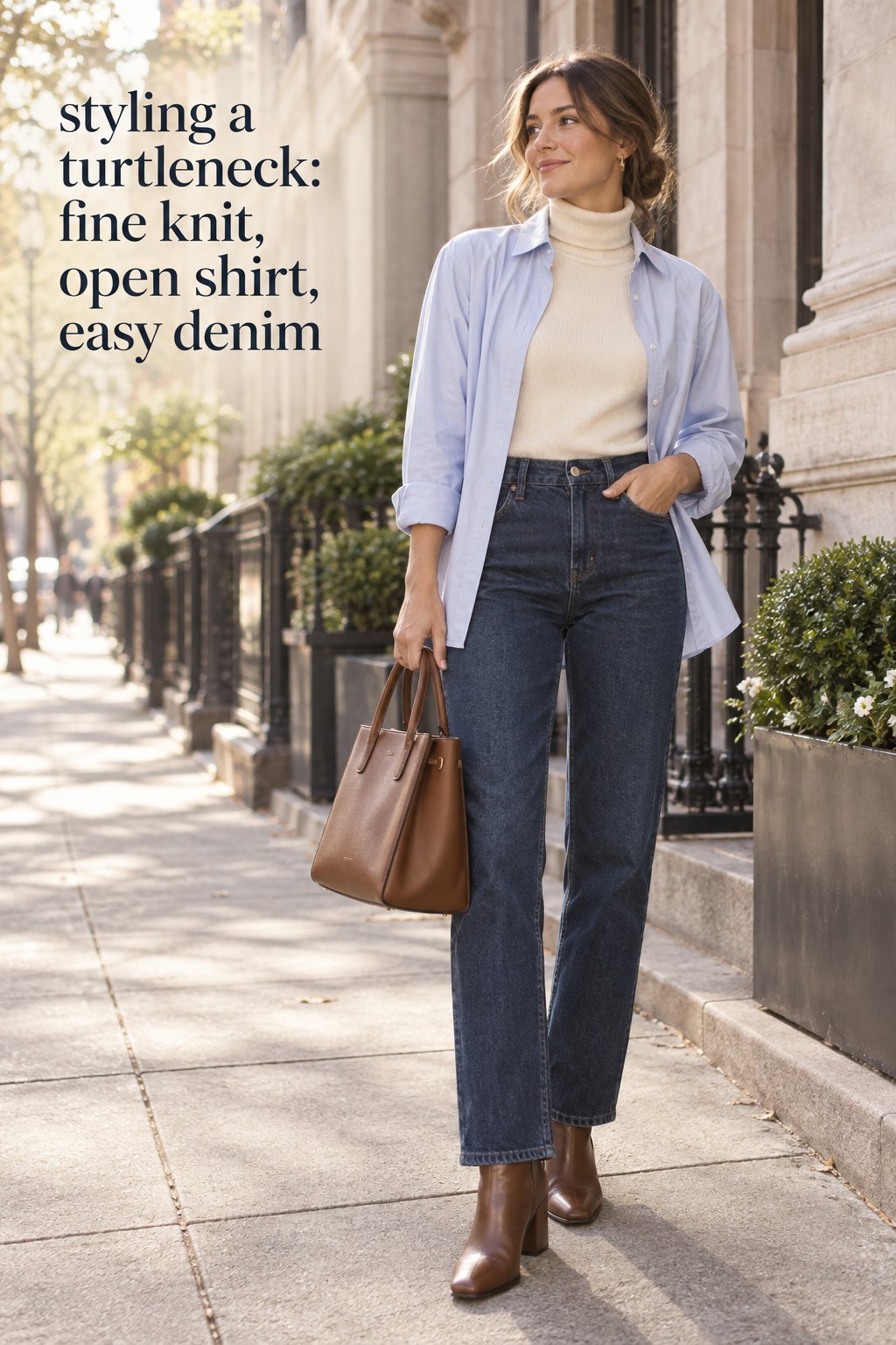 styling a turtleneck with a fine cream knit, open shirt, dark denim, and brown boots