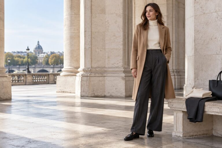 styling a turtleneck with a cream knit, camel coat, charcoal trousers, and black loafers