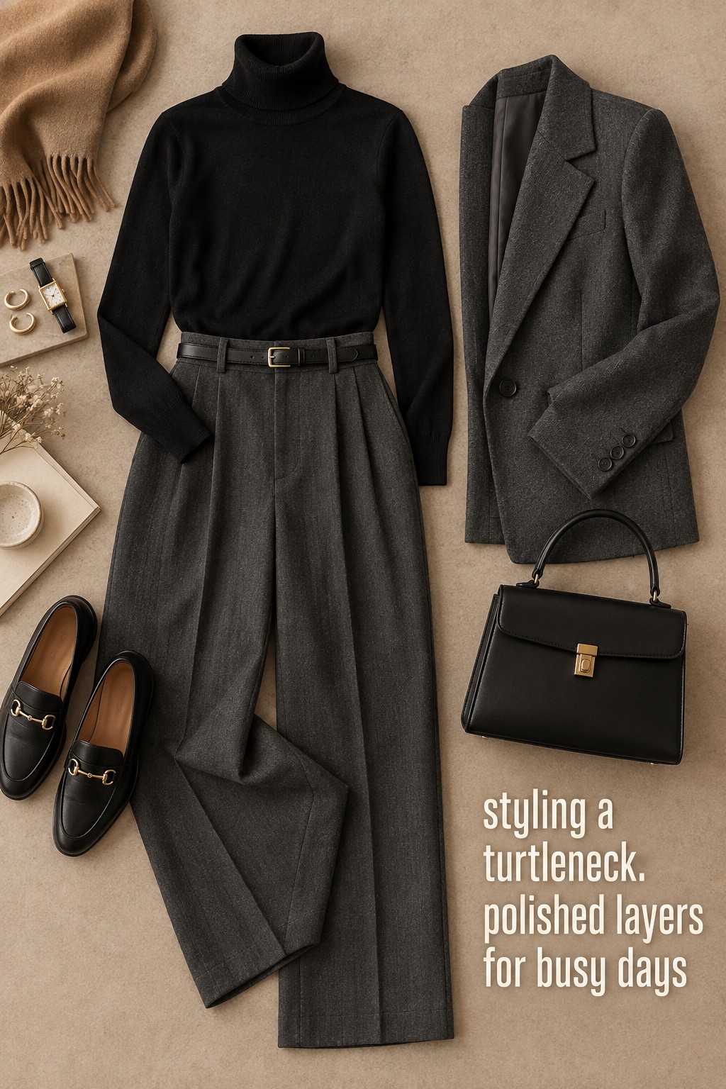 styling a turtleneck flat lay with black knit, tailored trousers, blazer, loafers, and bag