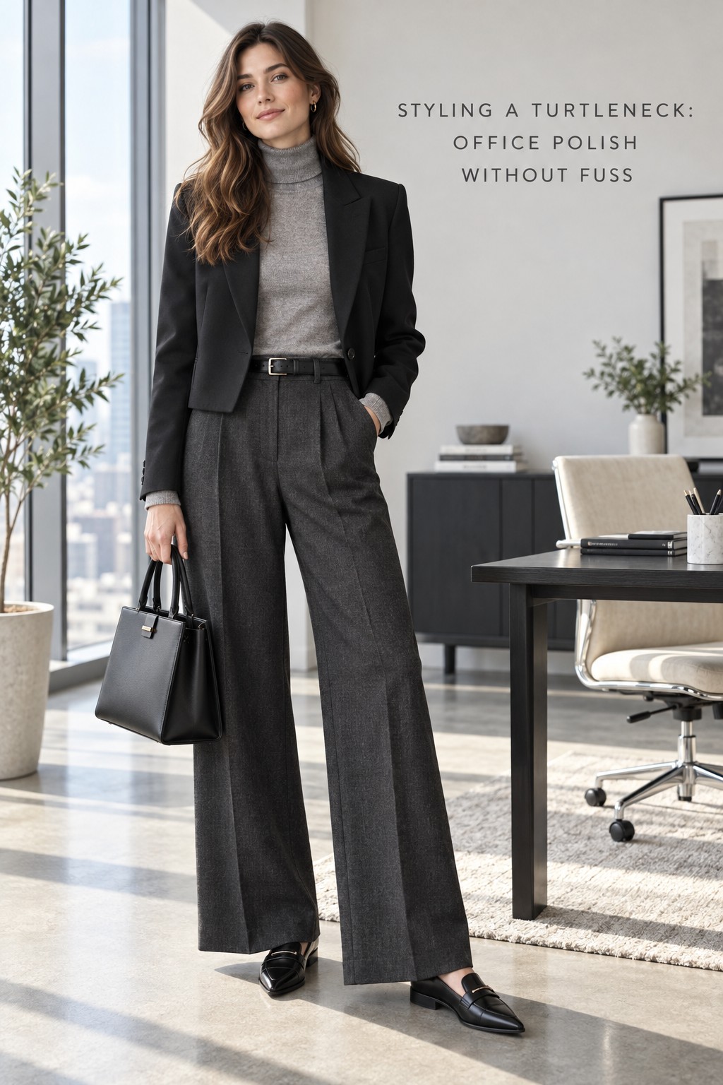 styling a turtleneck office outfit with gray knit, wide-leg trousers, black blazer, and loafers