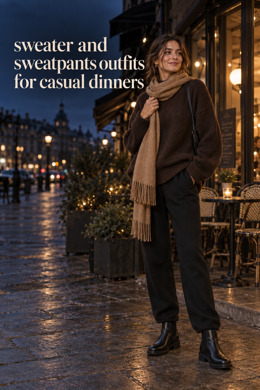 sweater and sweatpants outfits for casual dinners with a brown sweater, black sweats, boots, and scarf