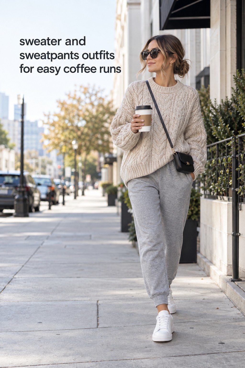 sweater and sweatpants outfits with an oatmeal sweater and tapered gray sweats for a coffee run