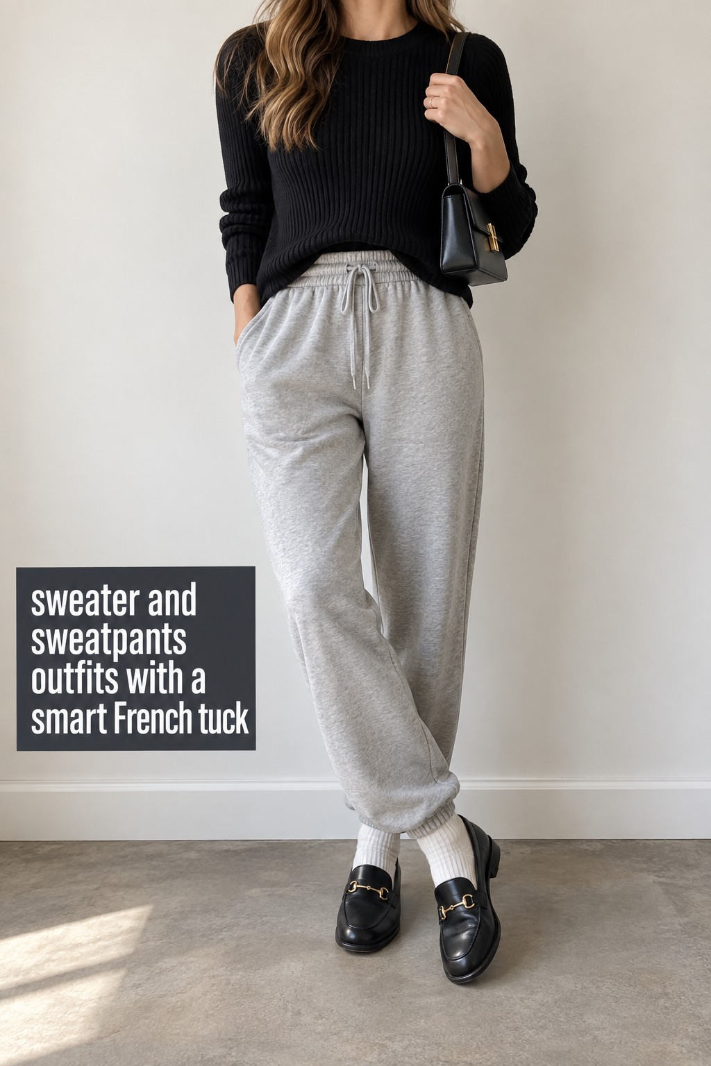 sweater and sweatpants outfits with a black ribbed sweater, gray sweats, loafers, socks, and French tuck
