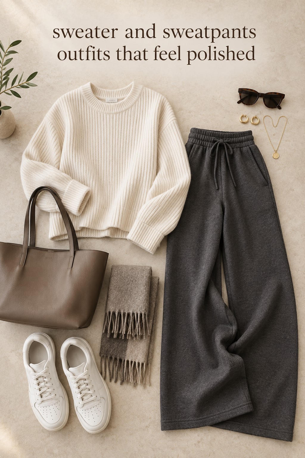 sweater and sweatpants outfits flat lay with a cream sweater, charcoal sweats, sneakers, and accessories