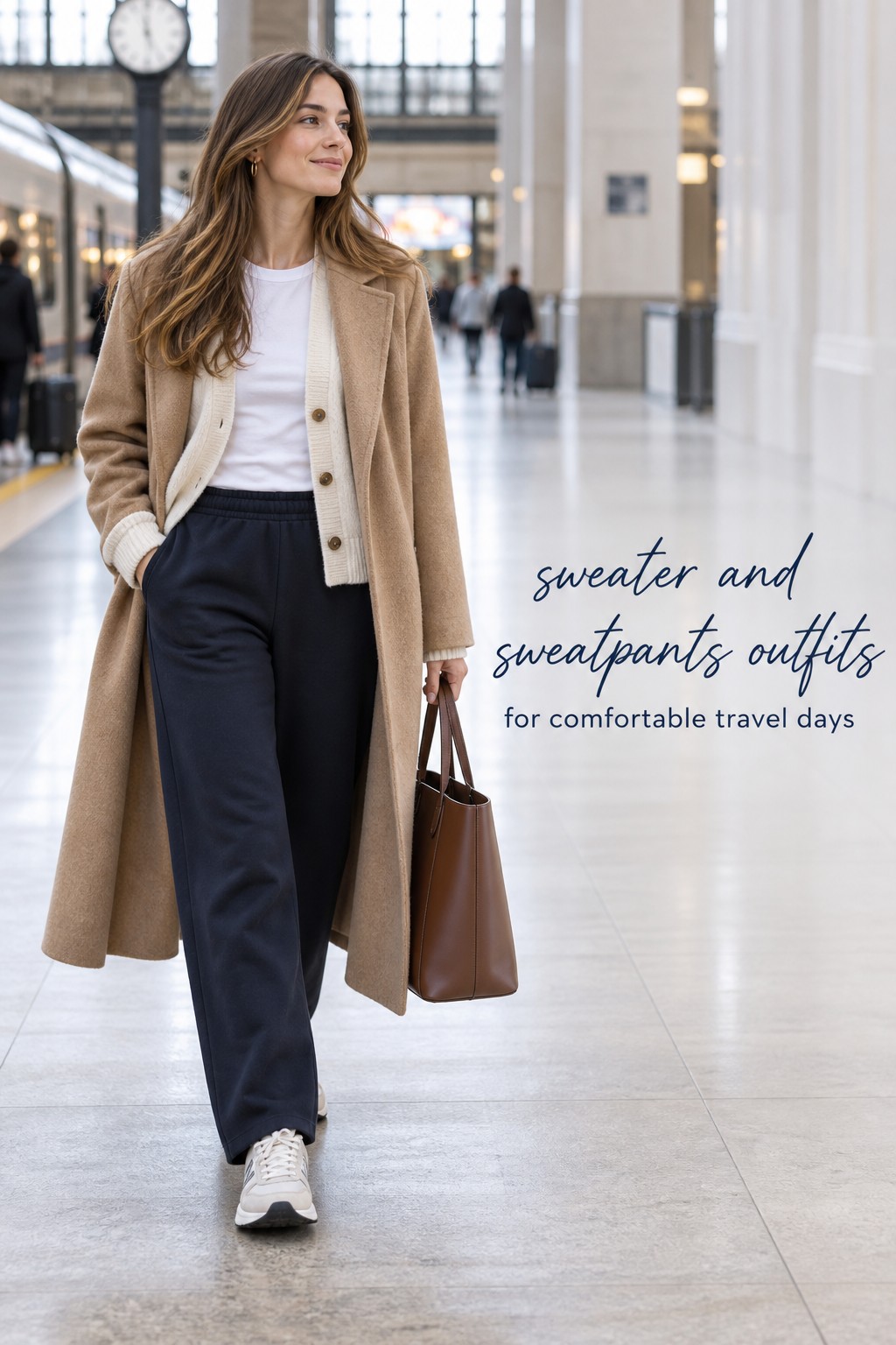 sweater and sweatpants outfits for travel with a cream cardigan, navy sweats, camel coat, and tote