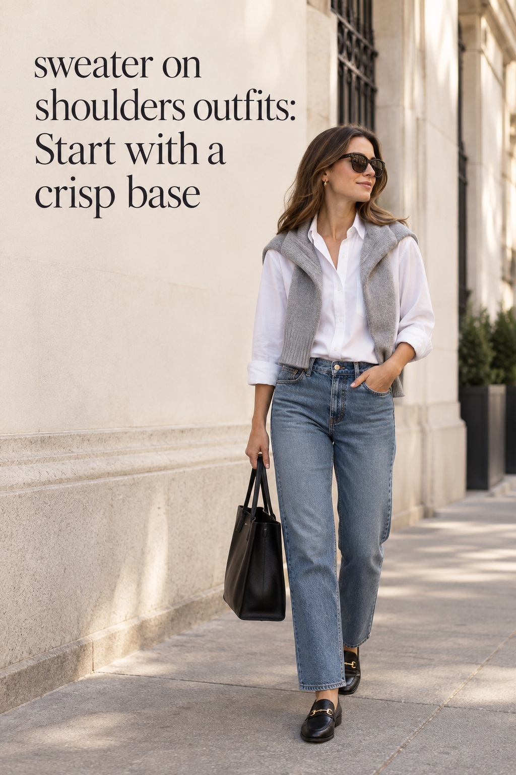 sweater on shoulders outfits with a white shirt, gray knit, jeans, and loafers