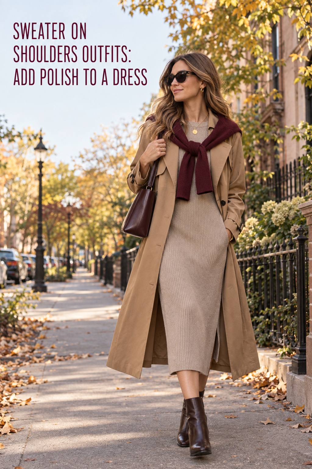 sweater on shoulders outfits with camel trench, knit dress, boots, and burgundy sweater