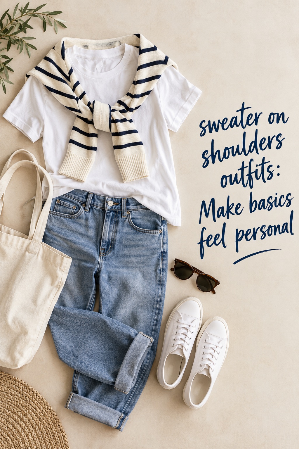 sweater on shoulders outfits flat lay with striped knit, white tee, jeans, tote, and sneakers