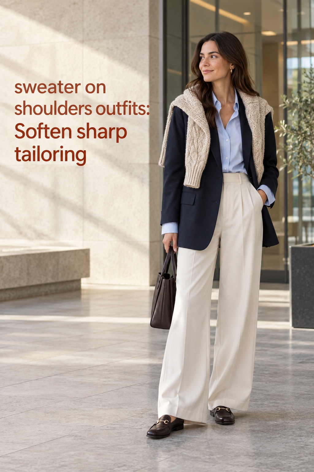 sweater on shoulders outfits with navy blazer, blue shirt, cream trousers, and cable knit