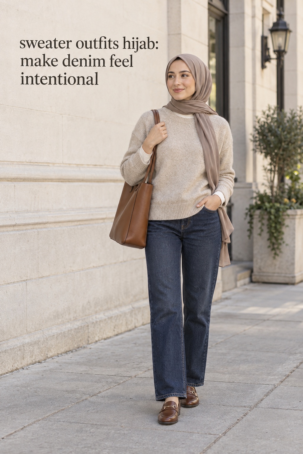 Sweater outfits hijab with oatmeal knit, straight denim, loafers, and cognac tote