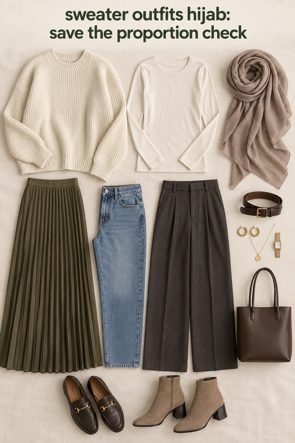 Sweater outfits hijab flat lay with knit, maxi skirt, denim, trousers, and scarf