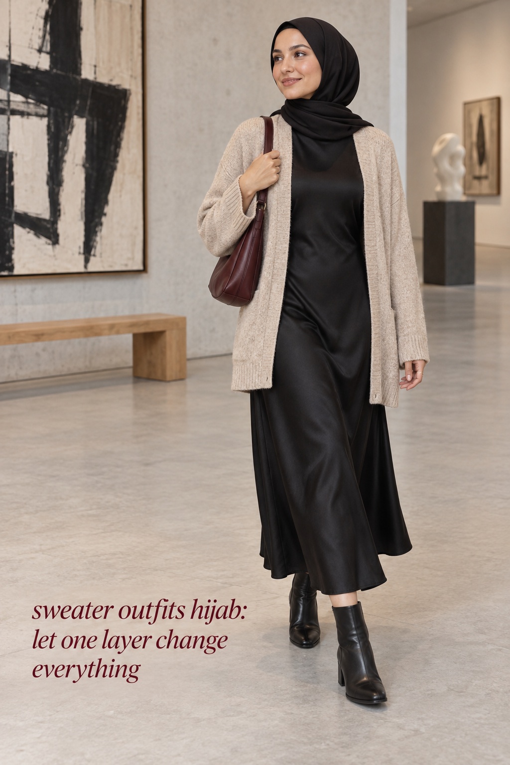 Sweater outfits hijab with oat cardigan, black midi dress, boots, and burgundy bag