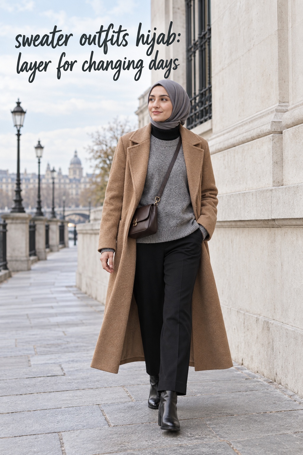 Sweater outfits hijab layered with gray knit, camel coat, black trousers, and boots