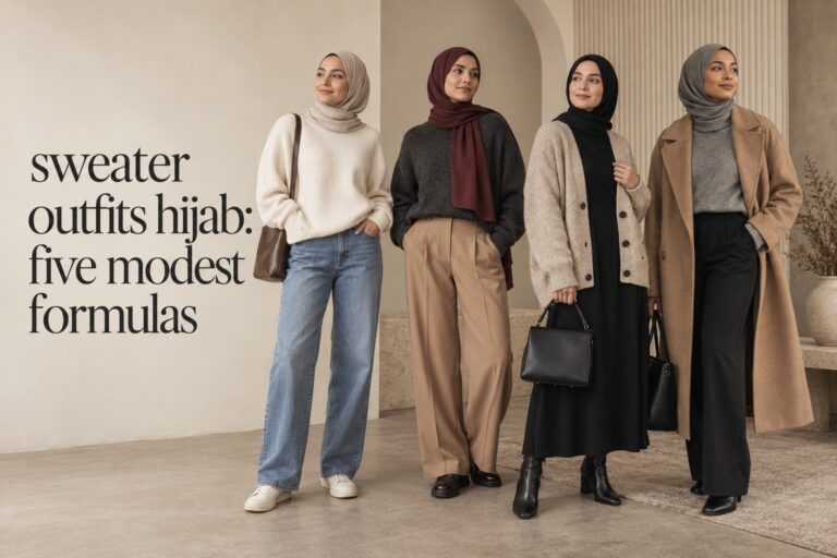 Sweater outfits hijab shown in four coordinated modest outfit directions